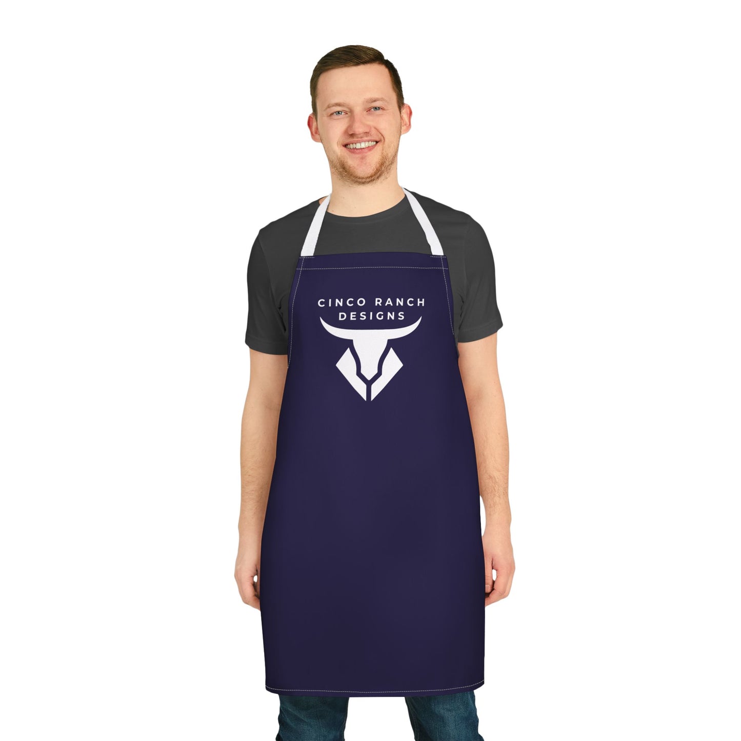 Cinco Ranch Designs Logo Chef Apron – Navy Kitchen & Grill Apron with White Straps
