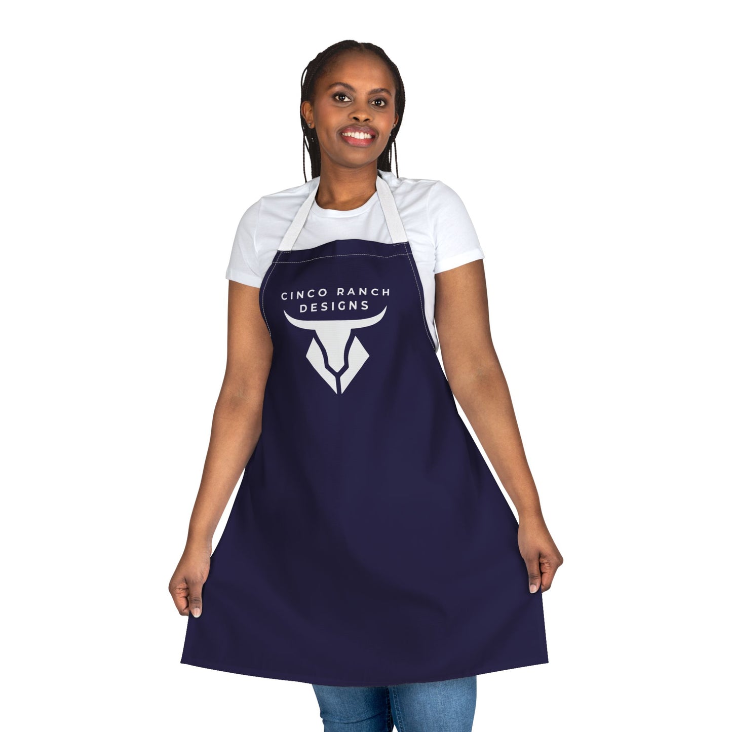 Cinco Ranch Designs Logo Chef Apron – Navy Kitchen & Grill Apron with White Straps